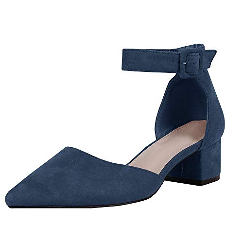 FISACE Womens Low Mid Square Heel Ankle Strap Sandal Office Ladies Pointed Toe Pumps Shoes