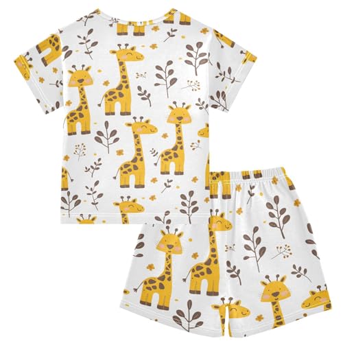 ALAZA Giraffe Cartoon Leaves Pajamas Short Sleeve 2 Piece Sleepwear Top and Bottom Pajama Set Unisex2