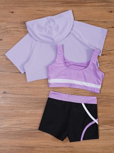 YiZYiF Kids Girls 3pcs Dance Gymnastic Outfit Athletic Tracksuit Short Hooded with Tank Top Active Shorts Set4