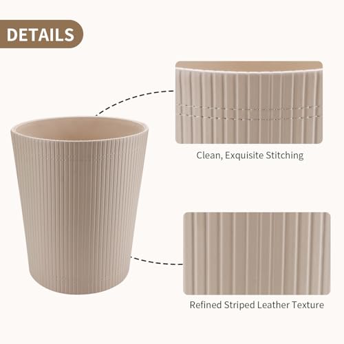 Image of GORESE Pu Leather Trash Can, 2.6 Gallon Wastebasket, Small Wastepaper Basket for Office, Bedroom, Living Room, Round Trash Bin Home Decor, Beige