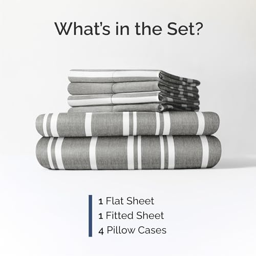 Image of Queen 6 Piece Bed Sheet Set - Breathable & Cooling Sheets - Grey Stripes