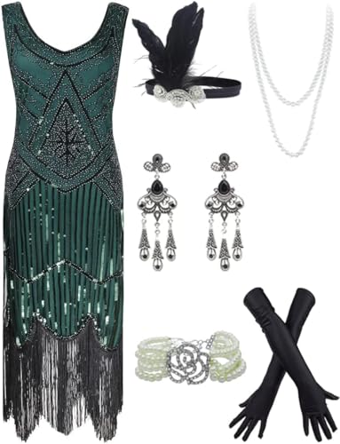 20s Flapper Gatsby Sequin Beaded Evening Cocktail Dress with Accessories Set