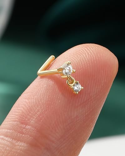 COCHARM 14K Gold Dangle Nose Stud 20g 22g 18g-Real Gold L Shape Nose Ring Stud, 14kt Nose Piercing 7mm Long Dangling Tiny Nostril Piercing 14 Karat Cute Danly Nostril Jewelry for Women4