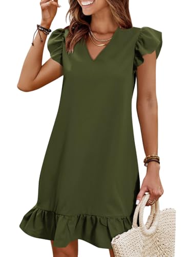 Image of QACOHU Spring Summer Dresses for Women 2026 V Neck Cap Sleeve Ruffle Hem Smock Short Casual Beach Dress