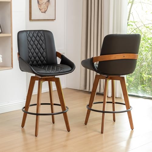 Image of Bar Stools Set of 2, Mid Century Modern Retro Swivel Counter Height Bar Chairs, Furniture with Curved Back, Faux Leather Upholstered and Walnut Wood Frame for Bar /Pub /Island (Black, 26.3 inch-2 PCS)