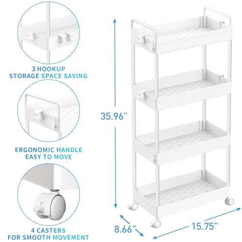 SOLEJAZZ 4-Tier Storage Trolley Cart Slide-out Rolling Utility Cart Mobile Storage Shelving Organizer for Kitchen, Bathroom, Laundry Room, Bedroom, Narrow Places, Plastic, White - Image 4