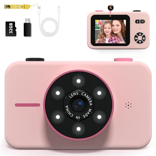 Kids Digital Camera for Toddler Girls,Toy Camera for Kids 3-8 Year Old,Children Selfie Video Camera with 1080p Dual Lens,Christmas Birthday Gifts for Boys Girls Age 3-8 with 32g Tf Card-Pink