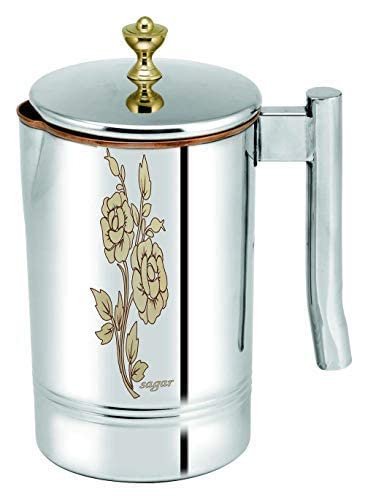 SAGAR Stainless Steel Jug for Water 1.6 Litre with Handle, Traditional Copper Laser Art Design Water Jug (1600 ml)