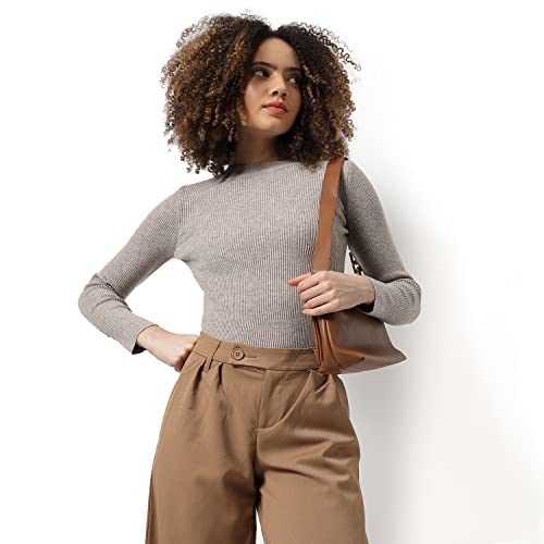 Image of PINACOLADA Women Greige Ribbed Regular Fit Sweater For Winter Wear | Round Neck | Full Sleeve | Woolen Sweater | Casual Jacket For Woman & Girl | Western Stylish Jacket For Women