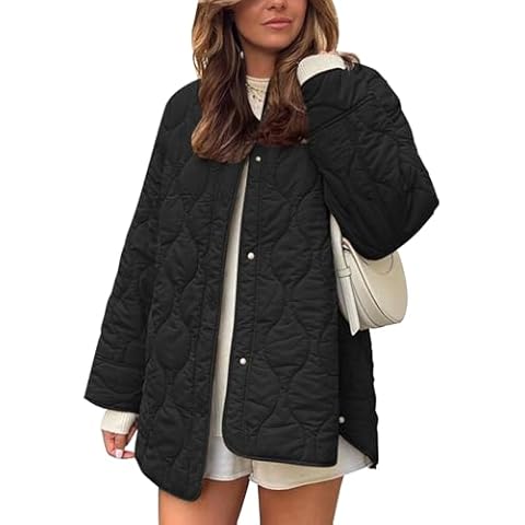 Flygo Women's Oversized Quilted Lightweight Jacket Button Down Puffer Padded Outerwear with Pocket(Black-M) Cover