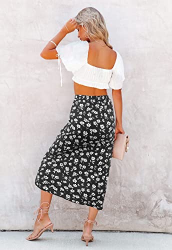 Image of HERBATOMIA Women's Floral Print Midi Skirt Casual High Elastic Waist Zipper Vintage Long Boho Skirts for Women