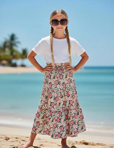 Image of Maxi Skorts Skirt for Girls Button Front High Waisted Long Skirt with Belt Ruffled Skirts with Pocket 3-12Years
