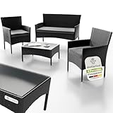 Juskys Polyrattan Sitzgruppe Fort Myers 4 Personen mit 2er Sofa, 2 Stühle, Tisch & Sitzkissen wetterfest schwarz/grau Balkonmöbel Gartenmöbel Set