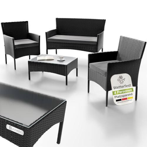 Juskys Polyrattan Sitzgruppe Fort Myers 4 Personen mit 2er Sofa, 2 Stühle, Tisch & Sitzkissen wetterfest schwarz/grau Balkonmöbel Gartenmöbel Set