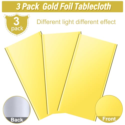Image of 3 Pack Gold Plastic Tablecloth, Disposable Rectangle Table Covers, Holographic Metallic Foil Tablecloth Gold Party Supplies Decorations for Birthday Graduation Anniversary Bachelorette, 54x108Inch