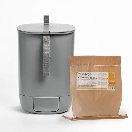 Wiggly Wigglers Bokashi Compost Starter Kit Odour Free Compact Kitchen Waste Food Composting Bins With Bokashi Bran (1 Grey Bin + 1kg Live Bokashi Bran)