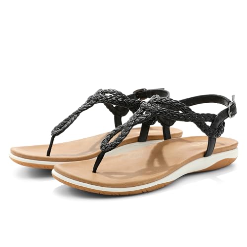 Image of UBFEN Womens Flat Sandals Dress Braided T-Strap Thong Sandals with Arch Support Comfortable for Walking
