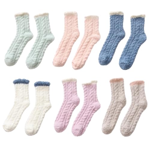 SLEEKEE 6 pares de calcetines de forro polar coral, calcetines cálidos otoño e invierno, calcetines de felpa gruesos, calcetines de pantuflas esponjosas, calcetines gruesos, calcetines, multicolor,