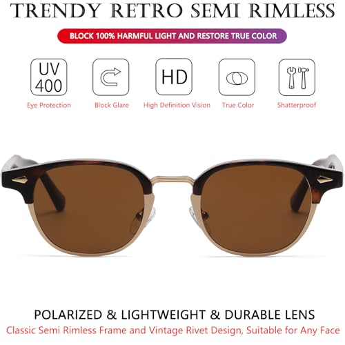 AIEYEZO Polarized Sunglasses for Men Women Classic Semi-Rimless Frame Sun Glasses Fashion Retro Designer Shades (Tortoise/Brown)3
