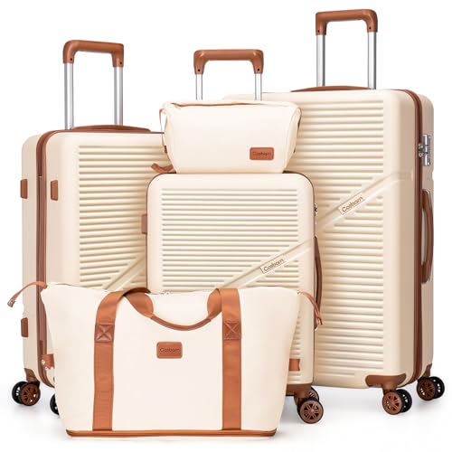 5 Piece Luggage Sets with Spinner Wheels, Hardshell ABS Suitcase Set with Tsa Lock, Lightweight Hardside Waterproof Travel Suitcases for Men Women, White (20″/24″/28″)