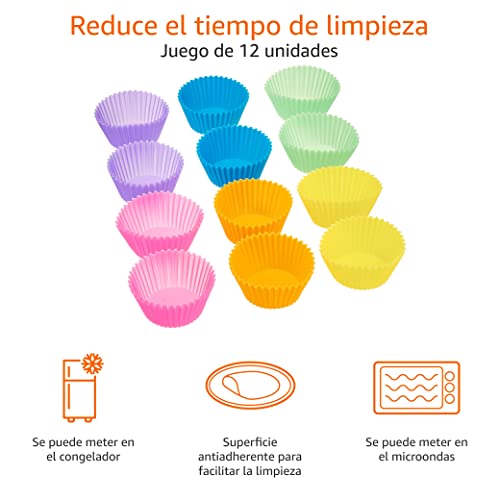 Miniatura 3 de Amazon Basics Redonda Moldes Individuales de Silicona para Magdalenas, Reutilizables, Paquete de 12 (Aptos para Horno hasta 220 °C), Multicolor