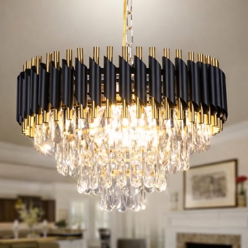 Image of One94Store Modern Crystal Chandelier Ceiling Light 500mm, Tricolour LED (Warm, Cool & Natural White), Luxury Black & Gold Decorative Jhumar for Living Room, Dining Hall & Bedroom