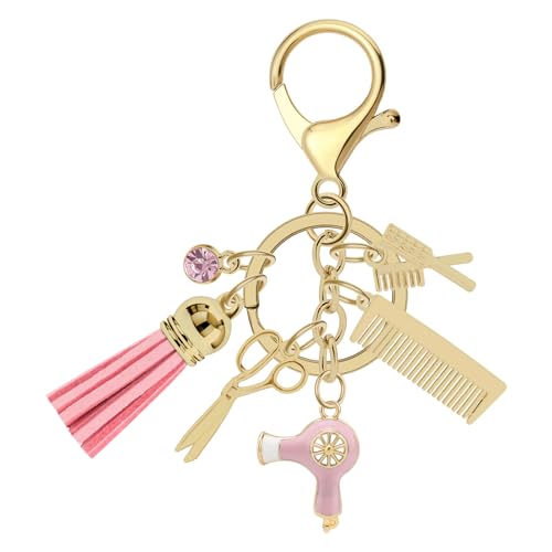 Hairdresser Gifts Comb Scissors Charm Keychain with Tassel and Diamond