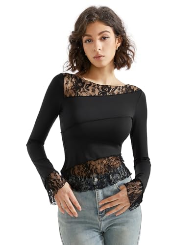 SUUKSESS Women Lace Long Sleeve Top Sexy Mesh Sheer Crew