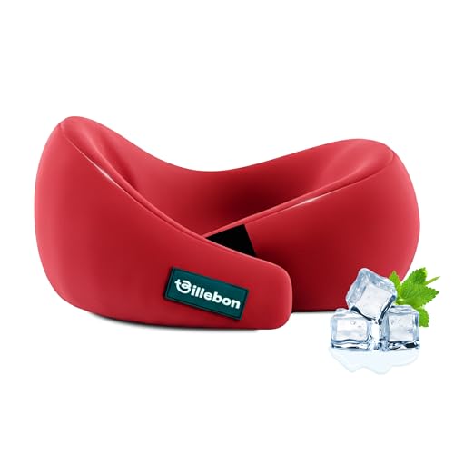 Image of Billebon Gel Infused Memory Foam Neck Pillow, Travel Pillow with Adjustable Velcro Straps, Neck Pillow for Travelling & Flight Travel, Ergonomic Support for Comfort & Pain Relief (Red)