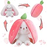 MIAODAM Bunny Stuffed Animal Reversible Cuddle Bunny Stuffed,Strawberry Bunny Transformed Rabbit Plush Zipper,Turns Into Ears Bunnies Plushies Toy Cute Stuffy Doll Easter Girlfriend Gift