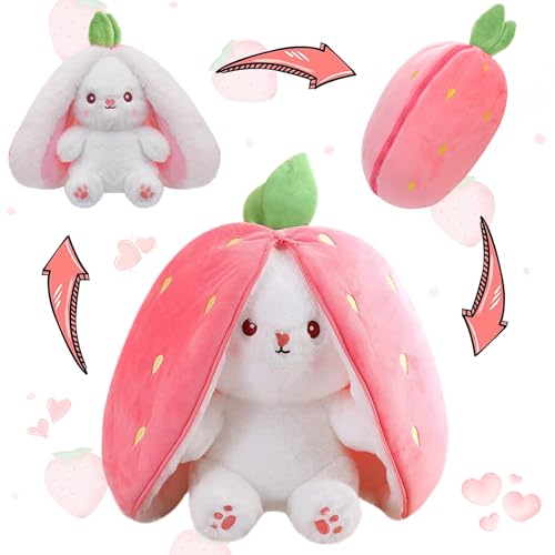 MIAODAM Bunny Stuffed Animal Reversible Cuddle Bunny Stuffed,Strawberry Bunny Transformed Rabbit Plush Zipper,Turns Into Ears Bunnies Plushies Toy Cute Stuffy Doll Easter Girlfriend Gift