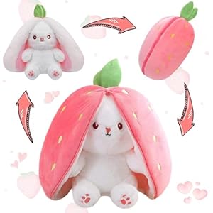 MIAODAM Bunny Stuffed Animal Reversible Cuddle Bunny Stuffed,Strawberry Bunny Transformed Rabbit Plush Zipper,Turns Into Ears Bunnies Plushies Toy Cute Stuffy Doll Easter