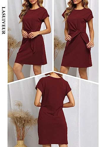 Lasuiveur Women’s Summer Short Sleeve Casual Bodycon Tie Waist Cap Sleeve Cotton Midi T Shirt Dress Wine Red S #TOP6