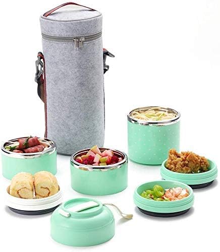 Cute Bento Stackable Lunch Box with Flatware Set Stainless Steel Lunch Containers Leakproof Food Container Insulated Lunch Bag for Adults Women Men (Green, 3-Tier)