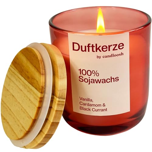Candloosh Scented Candle in Glass Jar, Vanilla & Cardamom Scented Candle, 100% Natural Wax, 45-Hours Burning Time, Ideal for Home Decoration and Gifts, 200 g (Vainilla, Cardamomo, Black Currant)