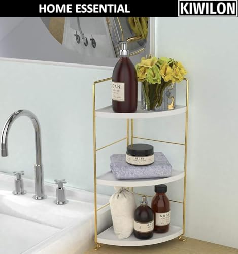 Image of Kitchen Organizer Rack | Corner Shelf For Kitchen | Bathroom Organiser Stand With 3-Tier Metal Frame For Storage & Display (Gold-3Tier-Triangle)