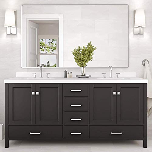 ARIEL Double Bathroom Vanity 73´´ Espresso with 1.5´´ Edge Pure White Quartz Countertop & Splash, Rectangular Sinks, 4 Soft Closing Doors, 6 Full Extension Dovetail Drawers, Brushed Nickel