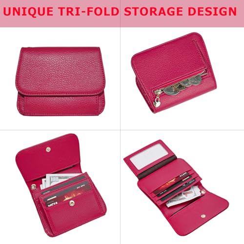 Image of Women Small Wallet RFID Blocking Slim Wallet with Coin Pocket Tri-Fold Credit Card Holder with ID Window and Keychain (Red)