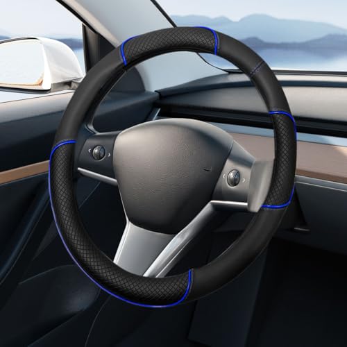 DEAELF 15 Inch Leather Car Steering Wheel Cover, Breathable Anti-Slip Automotive Steering Wheel Protector Accessories, Soft Comfortable Car Interior Decoration for SUV, Truck (Blue)