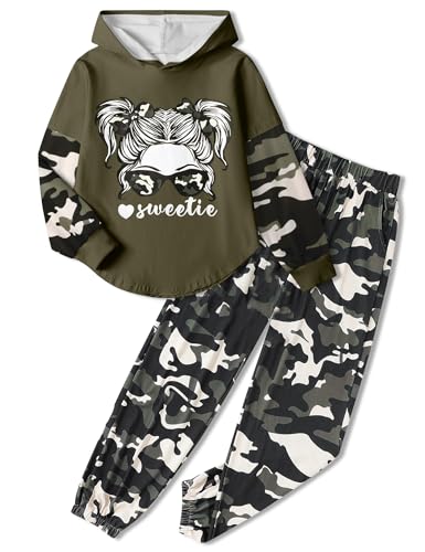 Image of Girls Fall Outfits Sweetie-girl Hoodie and Camo Pants Size 6-16 | Curved Hem Design,Skin-friendly Cotton Blend,for Daily School Playdates,Fall&Winter,Easy On & Off Pullover