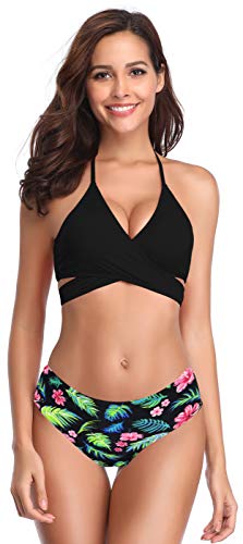 SHEKINI Damen Zweiteiliger Crossover Neckholder Bikini Weiche Pads Oberteil Druck Bikinihose Schwimmbad Sexy Schick Für Frau Strandkleidung High Waist Bauchweg Unterteil (M, Schwarz+Muster)