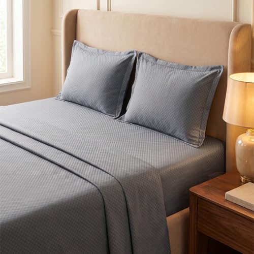 Image of LANE LINEN 400TC 100% Cotton Micro Check King Size Bedsheet - Charcoal | OEKO-Tex Certified, 108 x 108 Inch, Fits King & Double Size Bed, Breathable & Wrinkle-Free, Includes 2 Pillow Covers