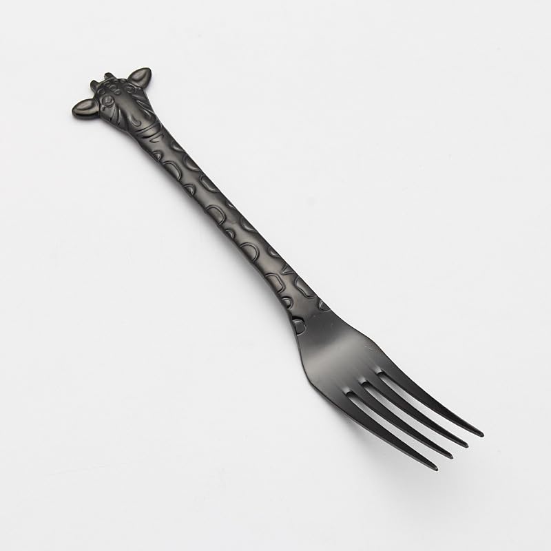 IFAJOOR Flatware Silverware Set, 1/4/6/8/10 Pieces Giraffe Creative 304 Stainless Steel Fork Animal Fruit Fork, Tableware Cutlery Set(Black,10Pcs)