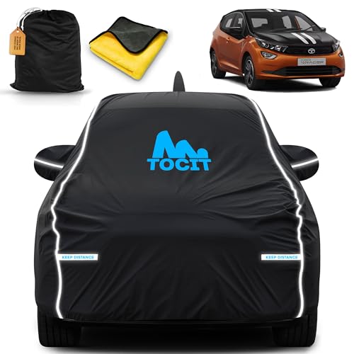 Image of Altroz Racer Waterproof Long Life Car Cover with Safety Glow Reflective Strap, Premium Stretchable Velvet Velour Fabric, Machine Washable, Tri-Stitch Custom Fit with Mirror & Antenna Pocket