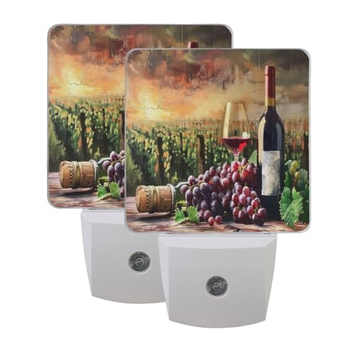 Image of Grapes Wine Glass Bottle Night Lights 2 Pack Plug-in Wall Led Nightlight Auto Dusk-to-Dawn Sensor Lamps for Bedroom Kitchen Bathroom