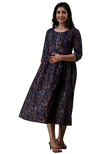 Image of Women's Rayon Printed Maternity Dress Pregnancy Casual 3 /4 Sleeve Dual Zipped for Feeding Nursing Maternity Comfort Dress Kurta