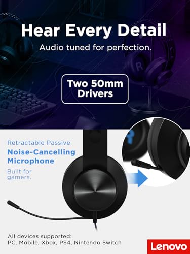 Lenovo Legion H300 Stereo Gaming Headset, Noise-Cancelling Mic, Memory Foam & PU Leather Earcups, Stainless Steel Headband, PC, PS4, Xbox One, Nintendo Switch, Mac, GXD0T69863, Black - image 6