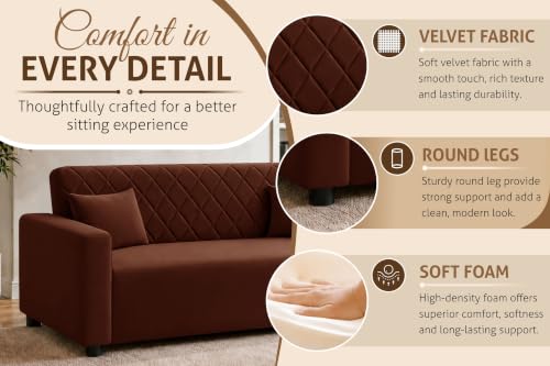 Image of Rosebell 3 Seater Wooden Sofa for Living Room, Modern Fabric Upholstered Sofa with Quilted Backrest, Cushioned Seating, Padded Armrests & Sturdy Wooden Frame - Brown