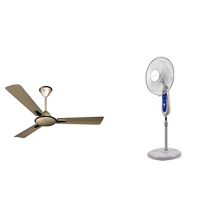 Crompton Aura Prime Decorative Ceiling Fan with Anti Dust Technology (Brown, 48 inch) & High Flo 400 mm (16 inch) High Speed Oscillating Plastic Pedestal Fan (Light Grey)