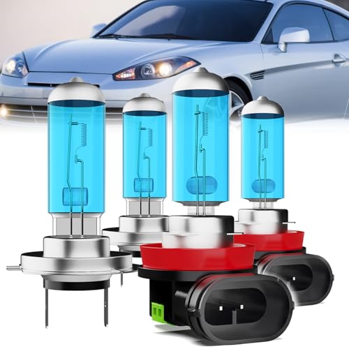 Image of Headlight Bulbs Compatible With Hyundai Tiburon 2007-2008, H7 High Beam + H11 Low Beam Halogen Light Bulb Combo, Super Bright 6000K White, Plug and Play, Pack of 4